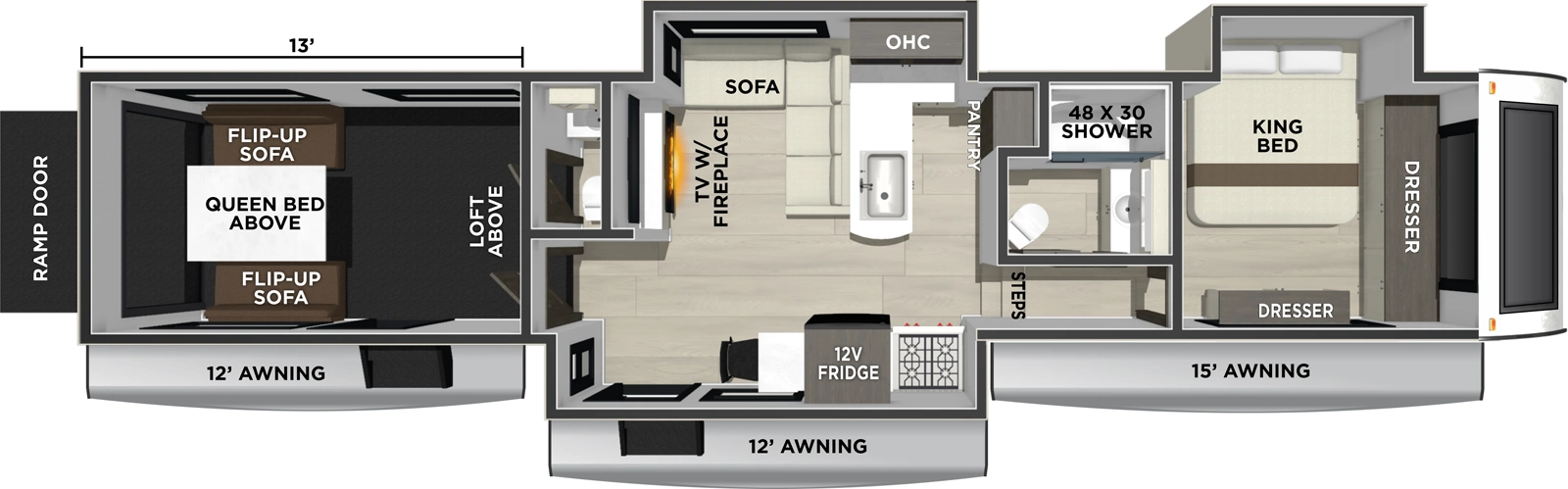 The Vengeance 4413 floorplan is a toy hauler that has two entries and three slide outs. Exterior features include: fiberglass exterior and 12' & 15' awning. Interiors features include: loft, front bedroom and bathroom and a half.